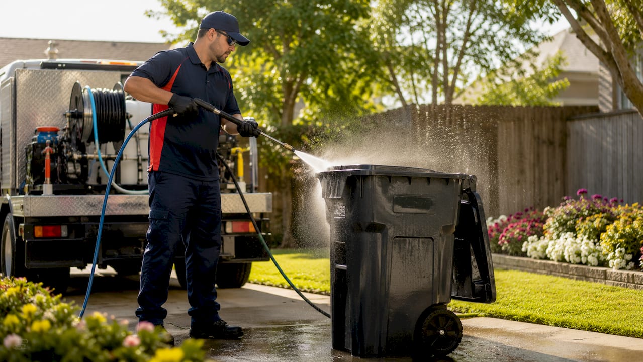 Technician cleaning residential trash bin outdoors