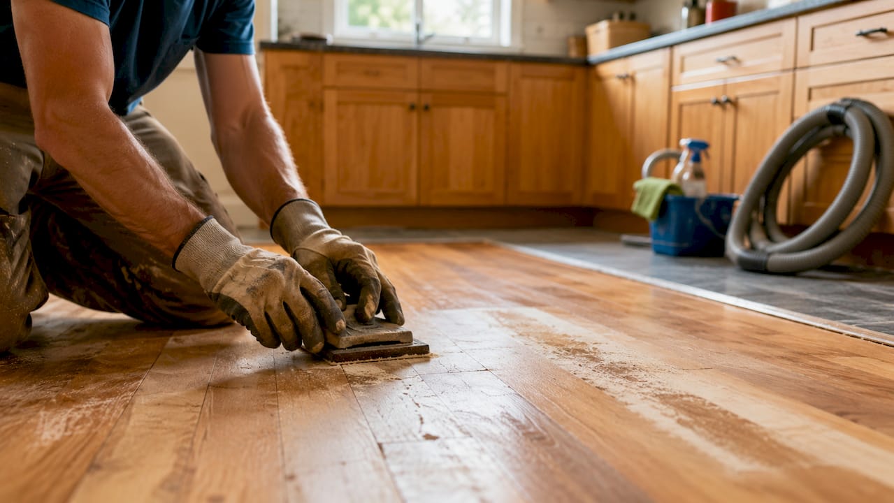 Hands sanding hardwood floor edge with mesh screen