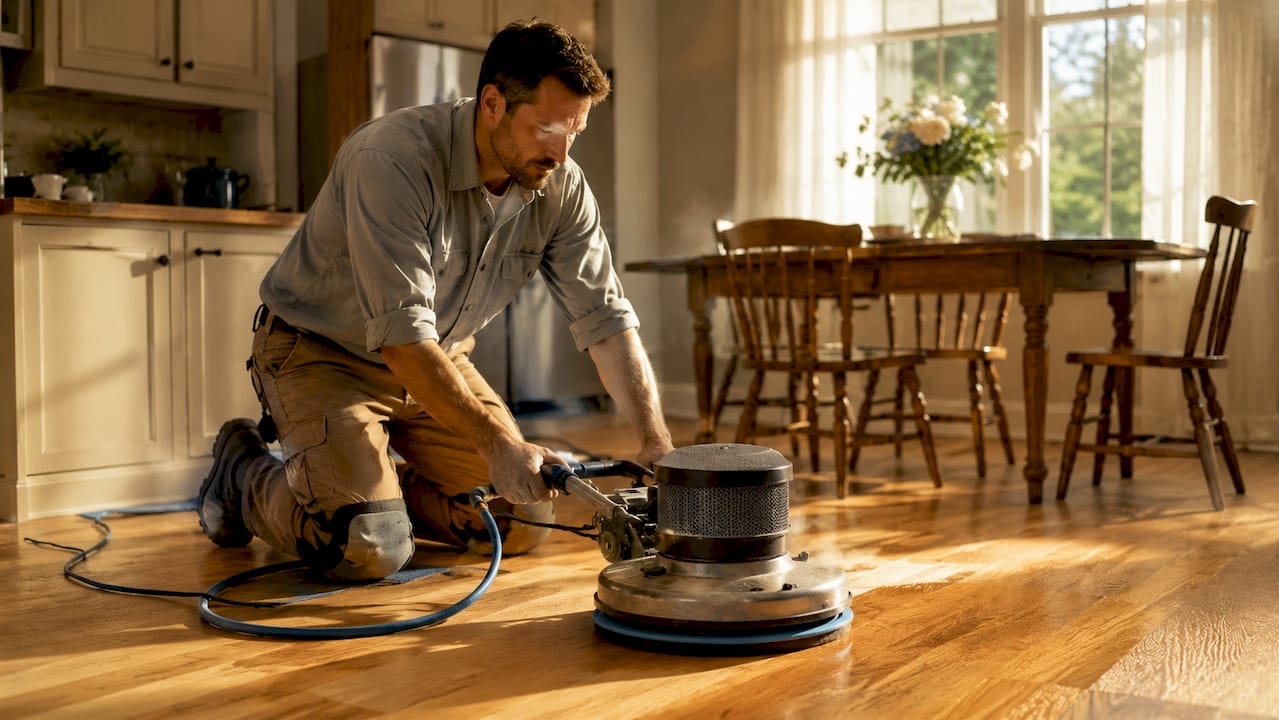 Technician recoating hardwood floor in living room