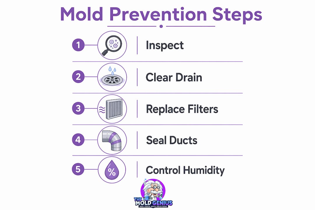 Infographic detailing steps to prevent and remove HVAC mold