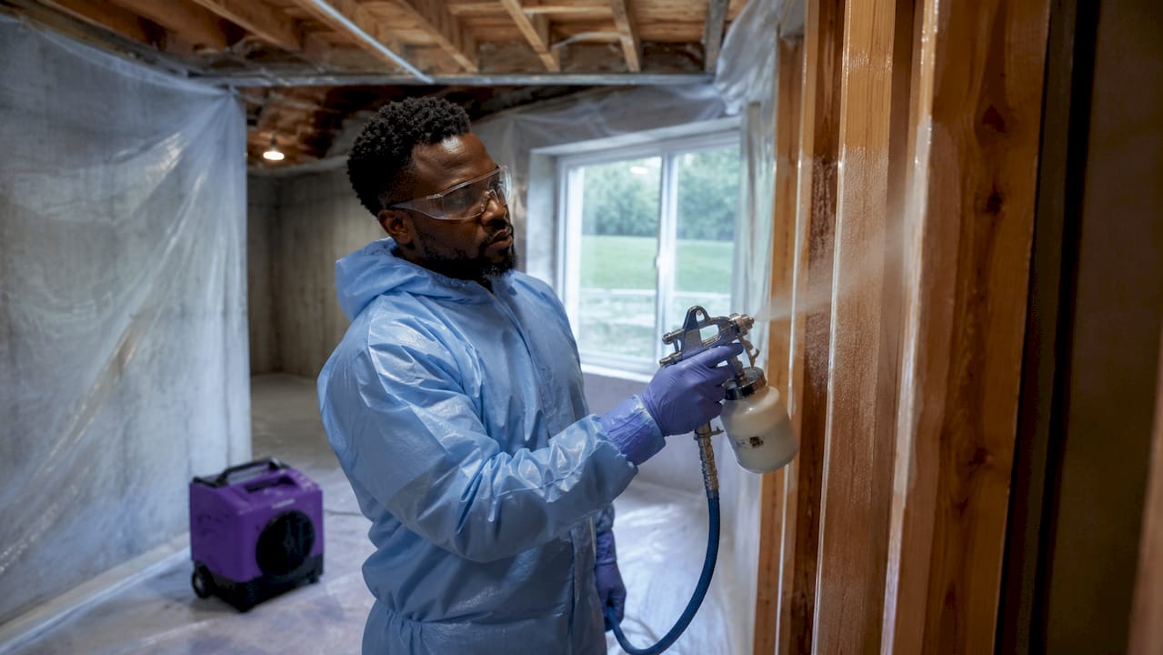 Technician spraying encapsulant on attic wood framing
