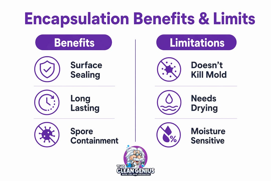 Infographic comparing benefits and limitations of mold encapsulation