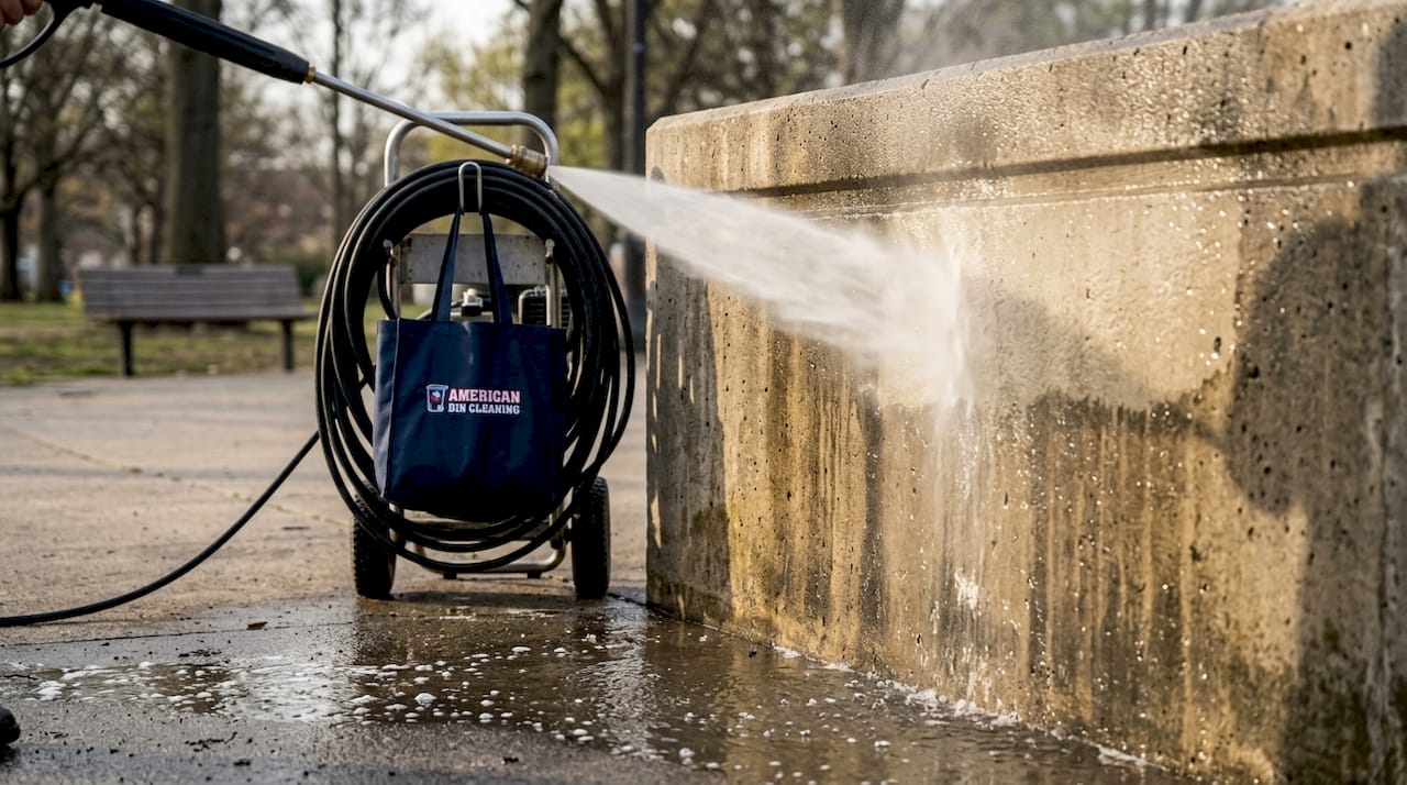 Pressure washer nozzle cleaning brick facade