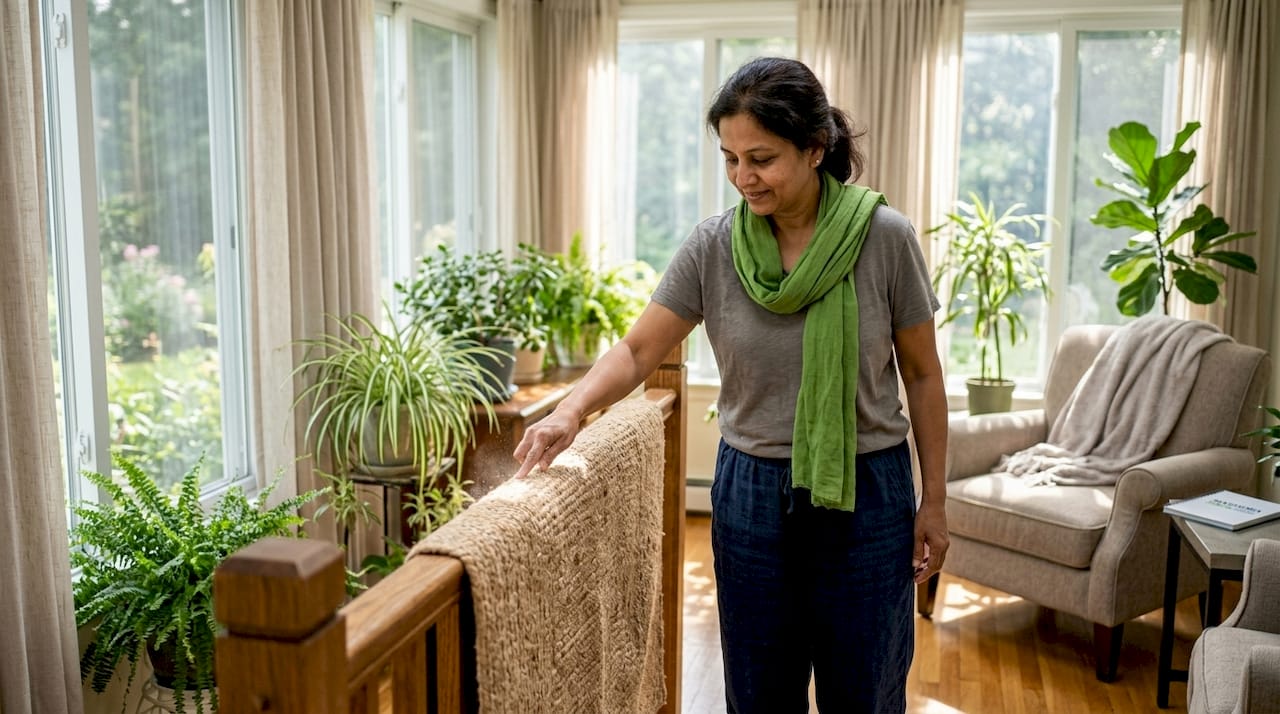 Homeowner hand-beating rug to remove dust