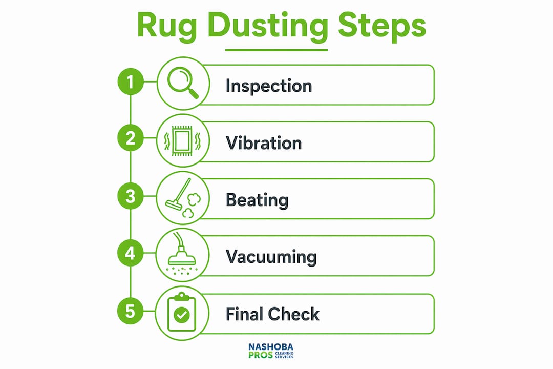 Infographic illustrating rug dusting process steps