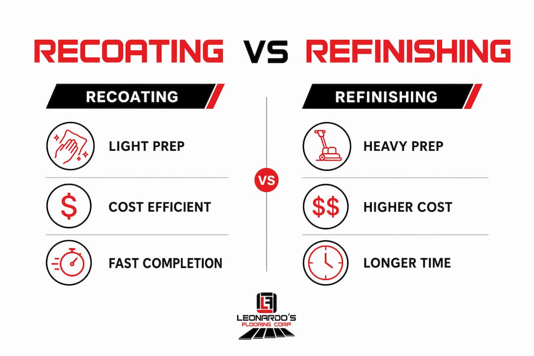 Infographic comparing floor recoating and refinishing