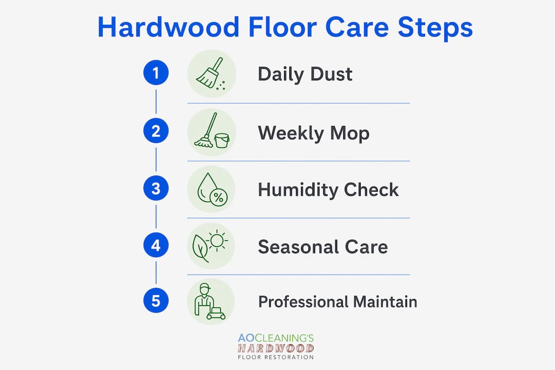 Infographic illustrating hardwood floor care steps for Troy homeowners