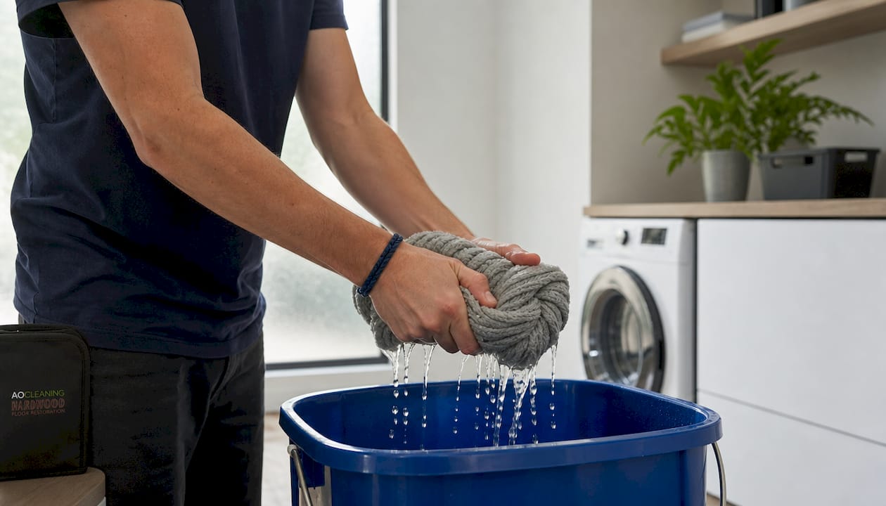 Hands wringing microfiber mop over bucket