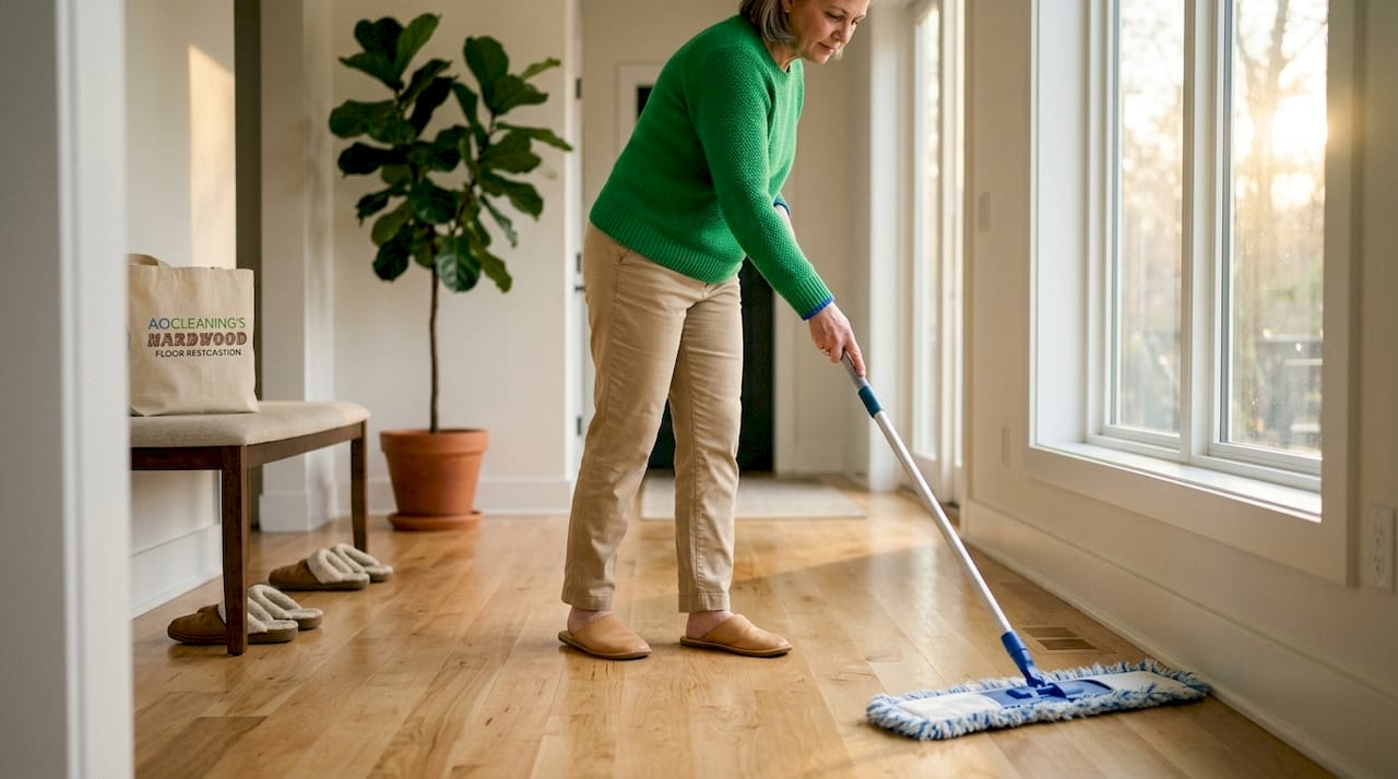 Homeowner dust mopping hardwood floor in foyer