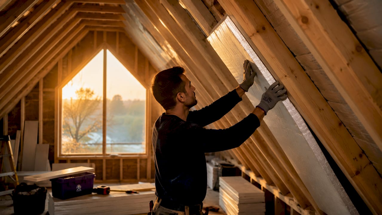 Hands installing rigid foam insulation in attic ceiling