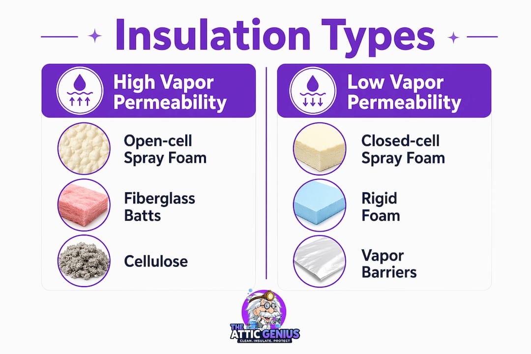 Infographic comparing insulation types by vapor permeability