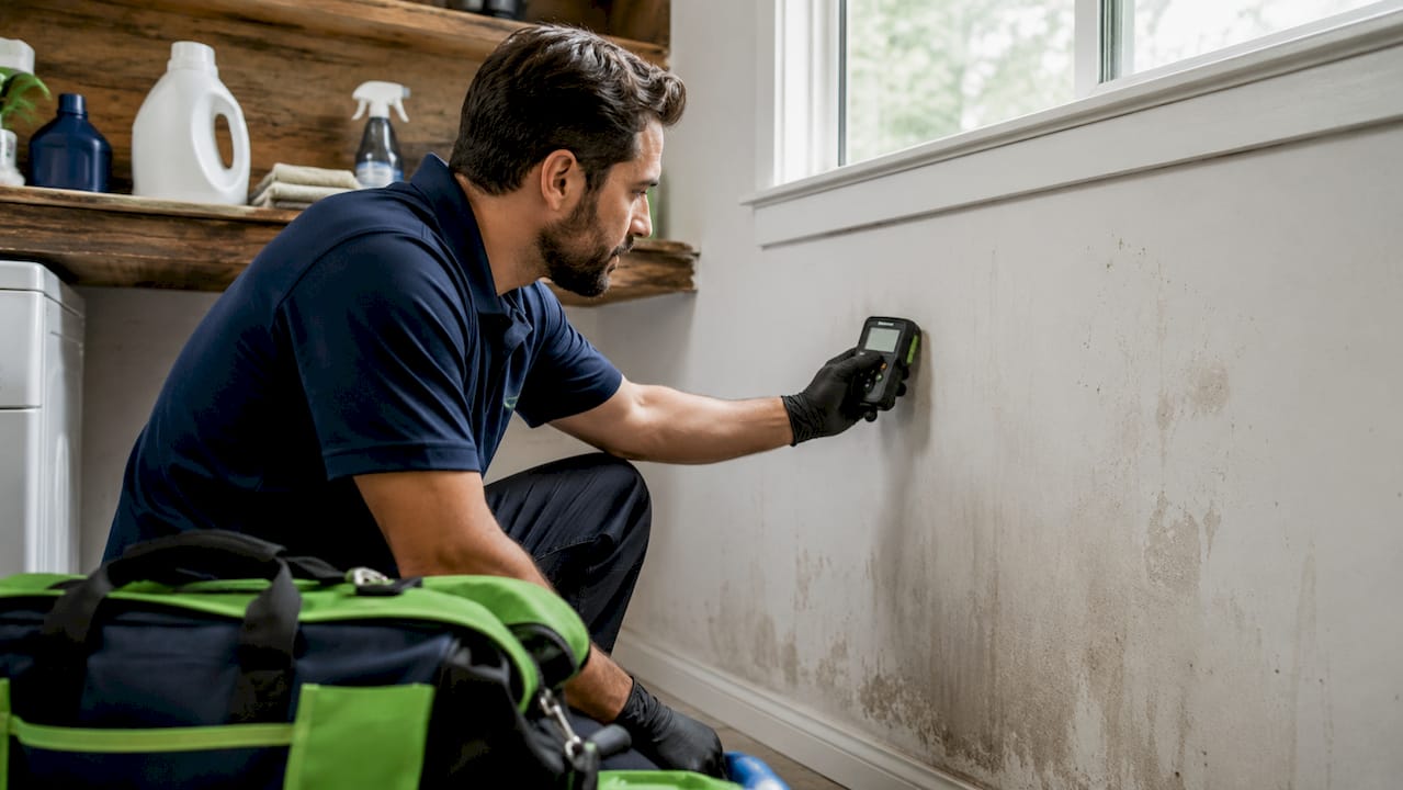 Hand with moisture meter reading damp wall