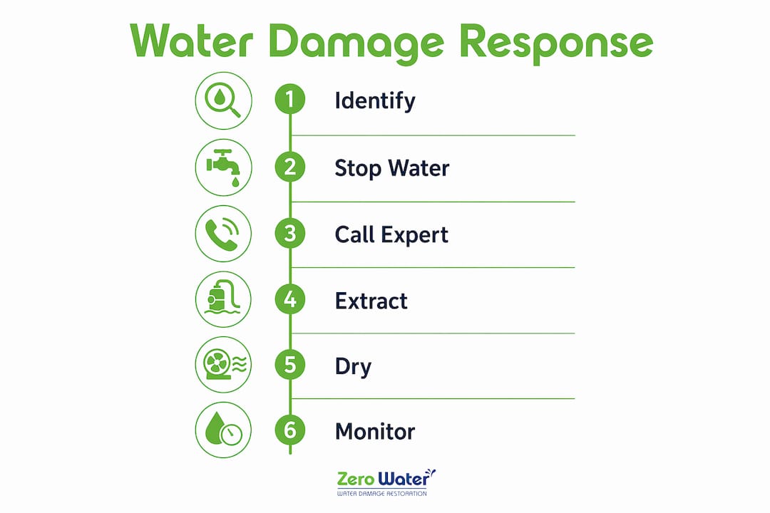 Infographic showing water damage emergency response steps