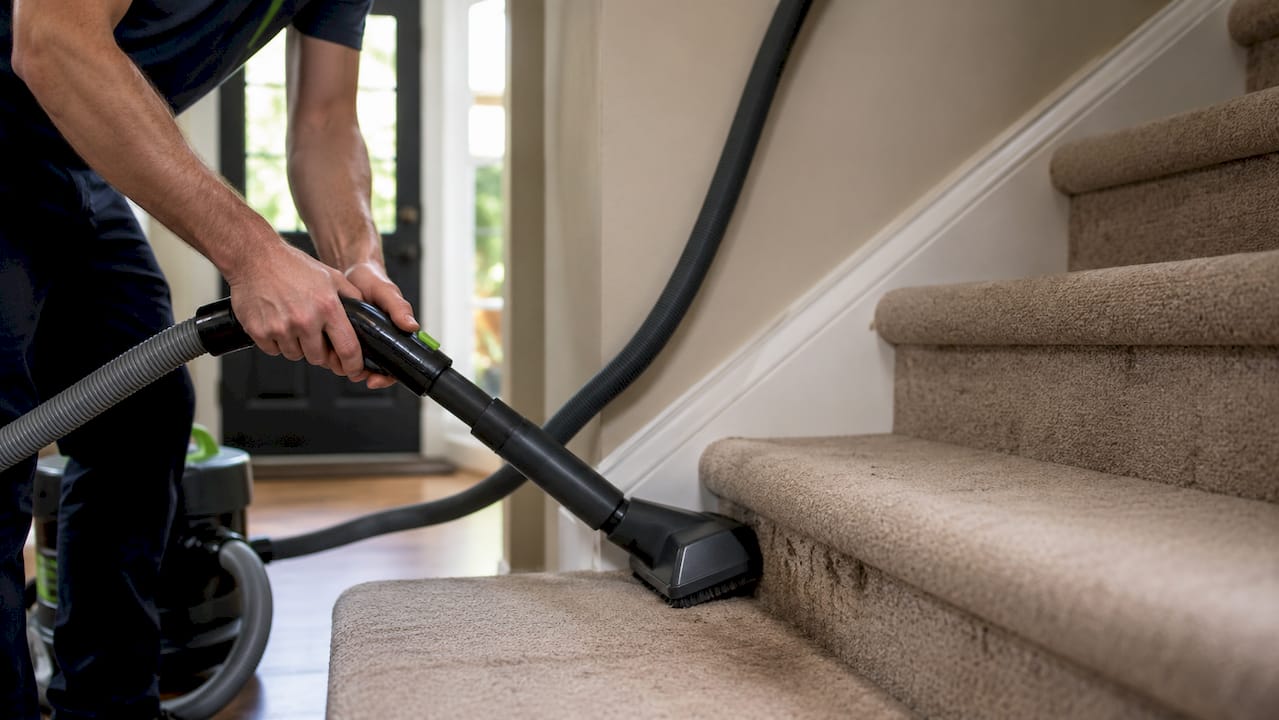 Hands using HEPA vacuum on carpet stairs