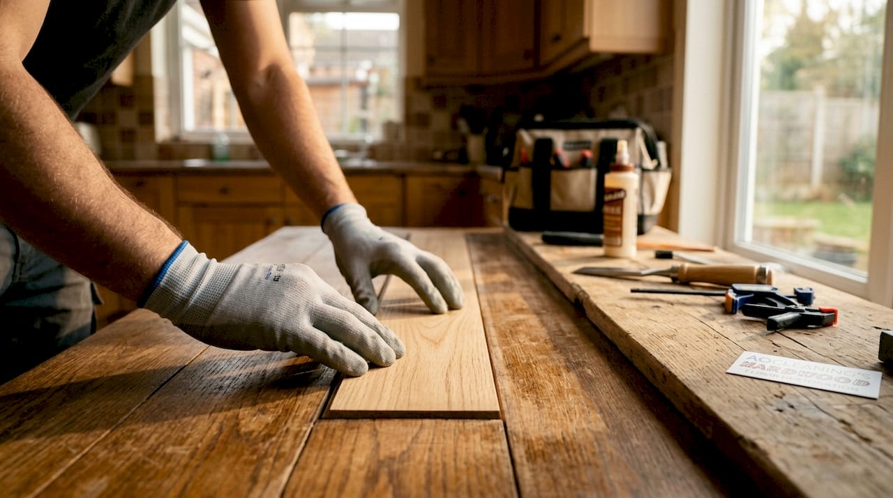 Close-up hands repairing hardwood floor boards