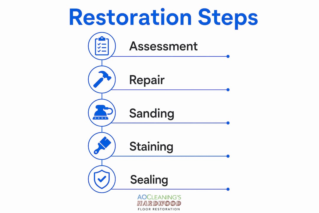 Infographic illustrating hardwood floor restoration steps
