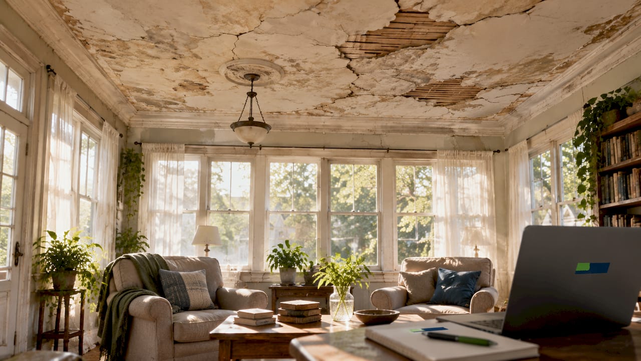 Close-up of cracked plaster ceiling surface