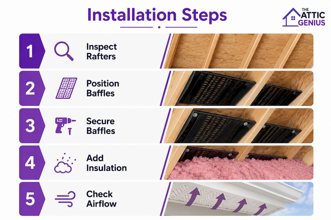 Infographic showing attic baffle installation steps