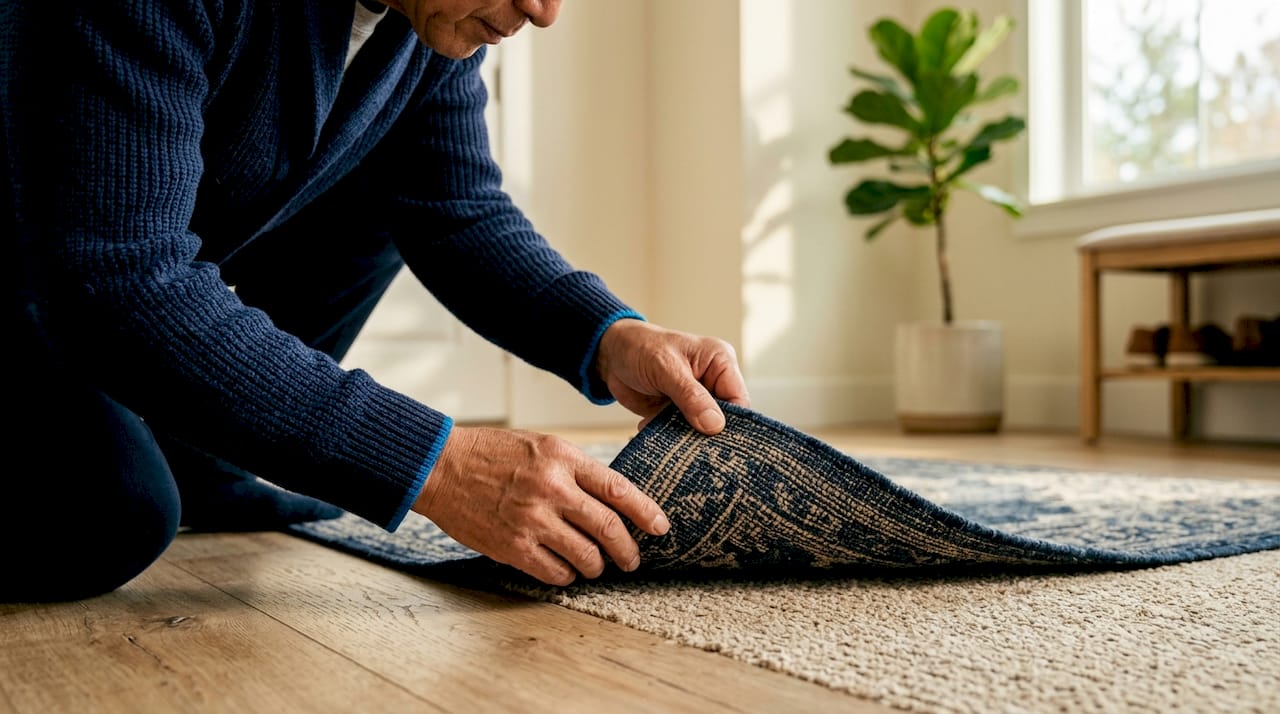 Hands inspecting carpet edges after cleaning