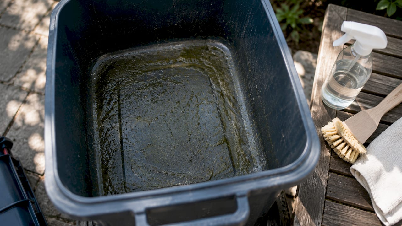 Close-up of biofilm buildup inside trash bin