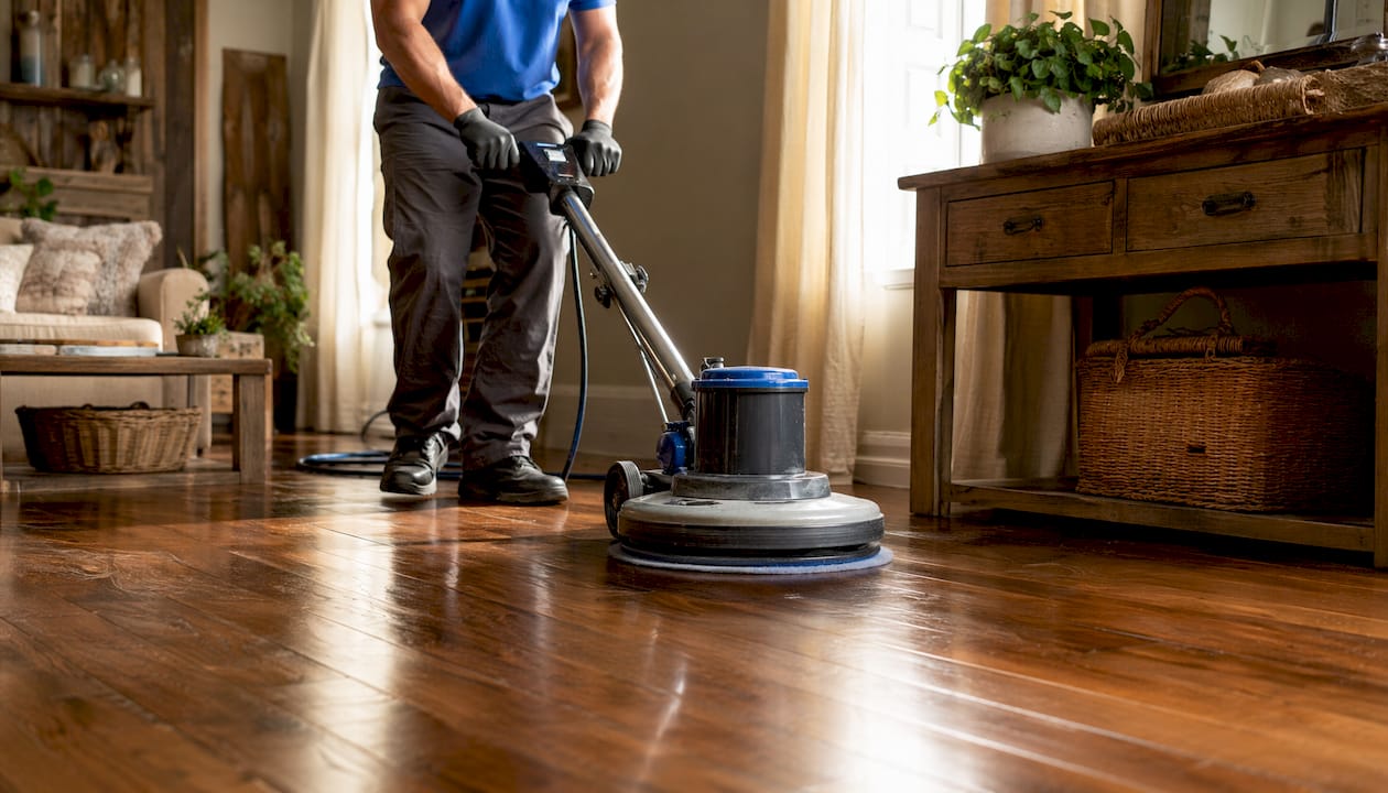 Close-up of cleaning machine polishing hardwood floor