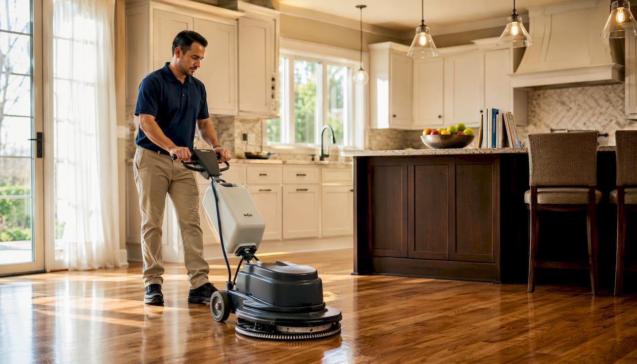 Technician operating floor scrubber on hardwood floor