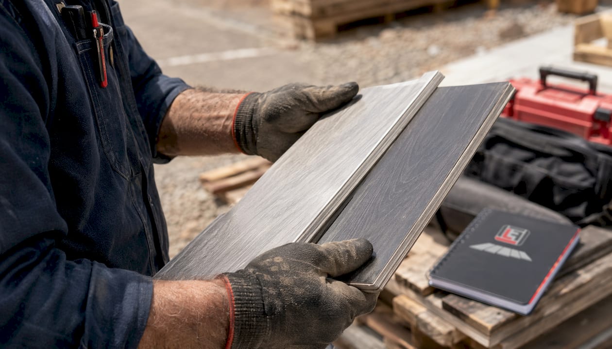 Installer comparing vinyl flooring wear layers