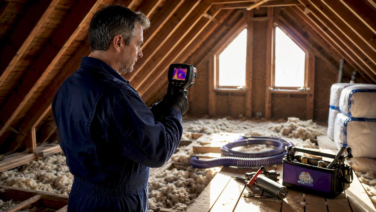 Attic insulation specialist using thermal camera