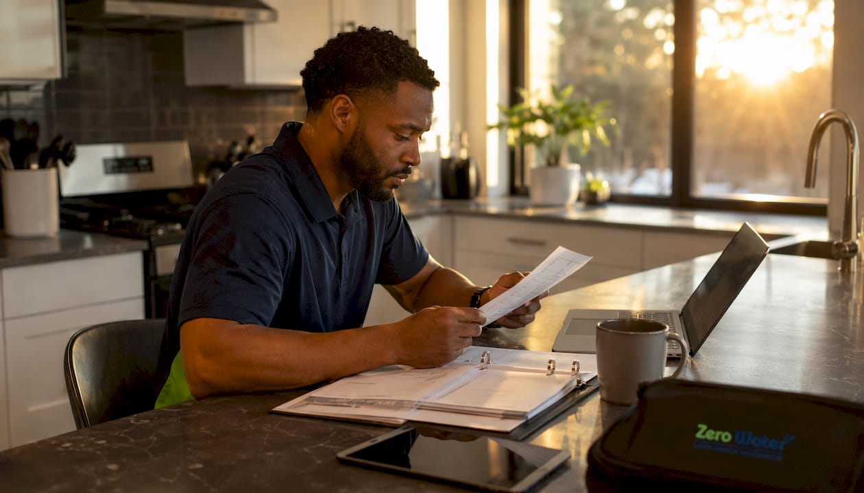 Technician verifying water damage contractor credentials