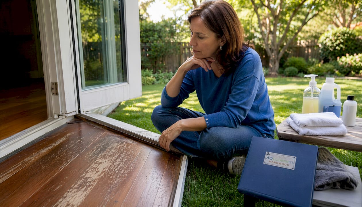Homeowner inspecting wax buildup on hardwood floor