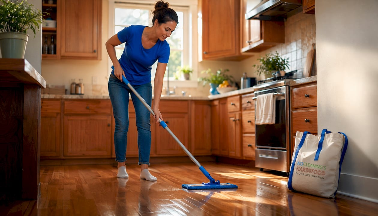 Woman mopping hardwood floor in bright living room
