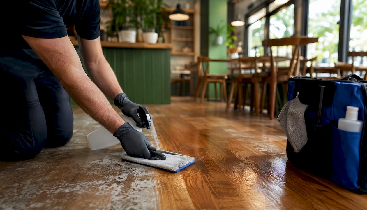 Hands applying wax remover to wooden floor with mop