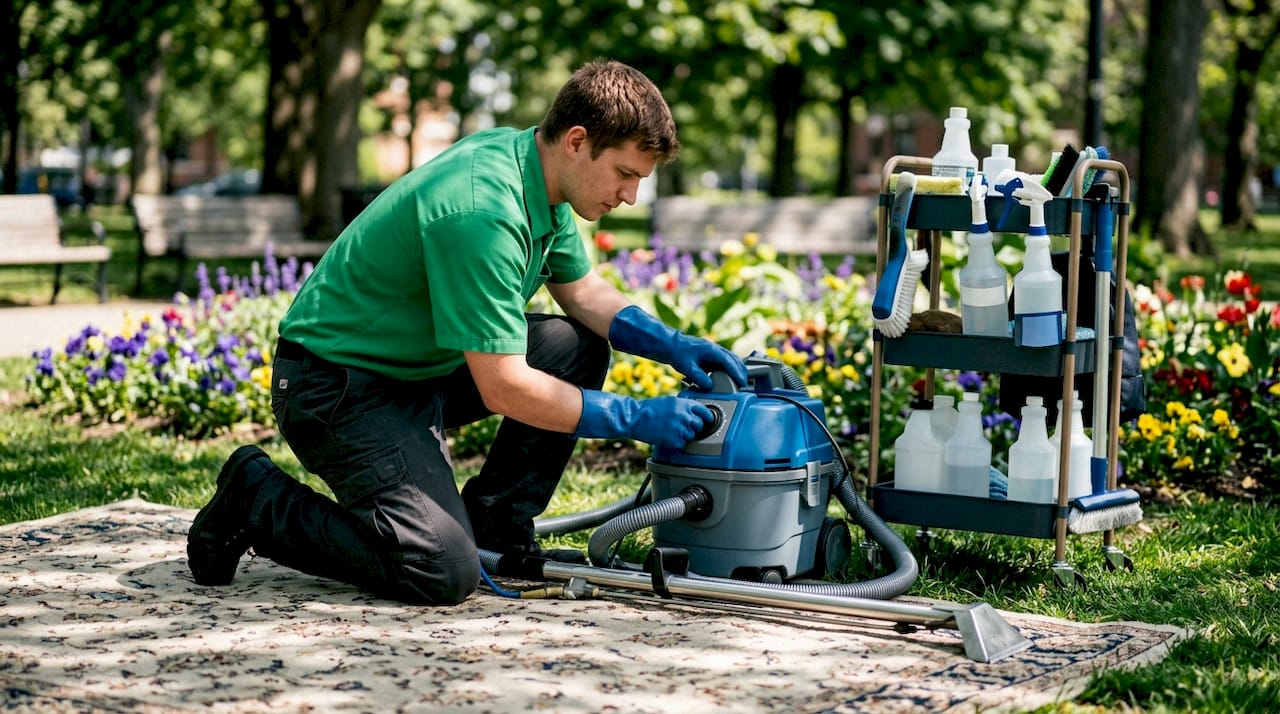 Technician operating large carpet cleaning machine