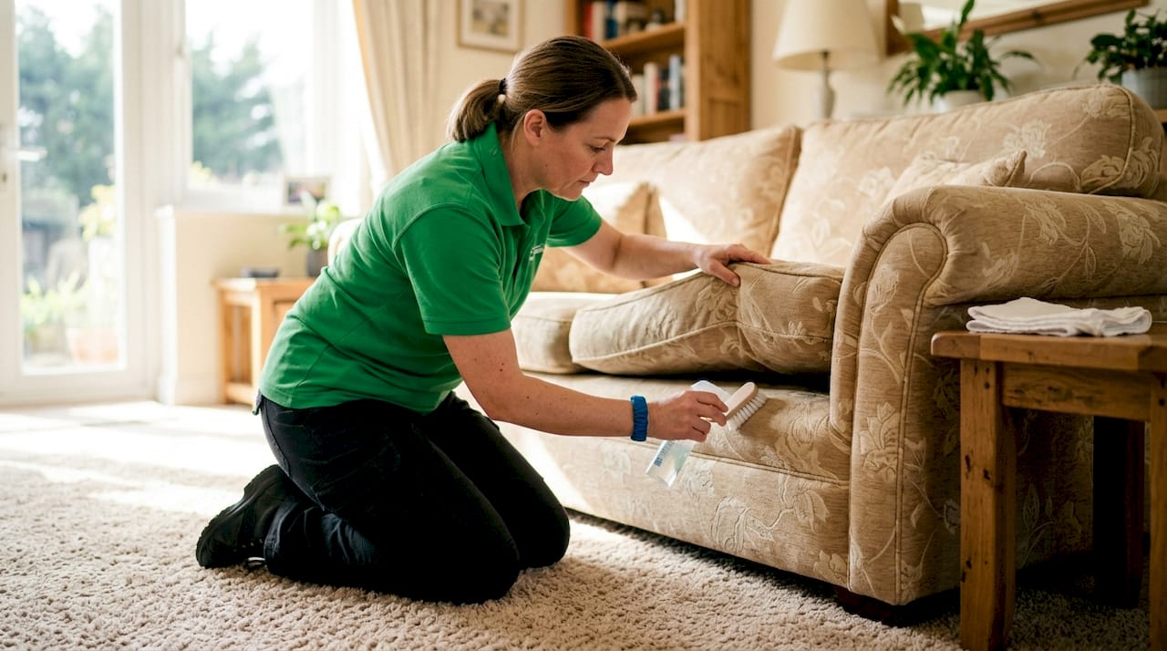 Close-up of upholstery cleaning test on fabric