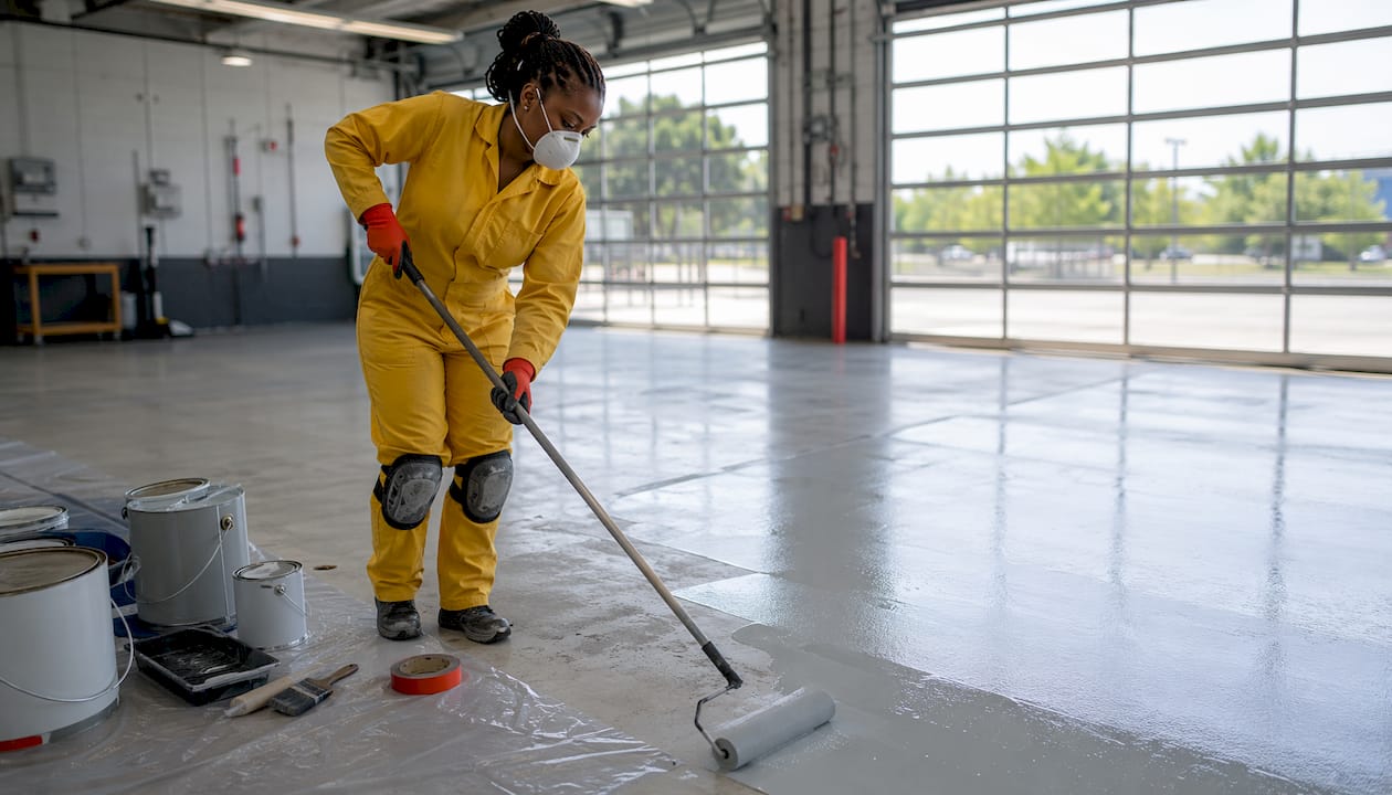 Technician applying epoxy floor coating indoors
