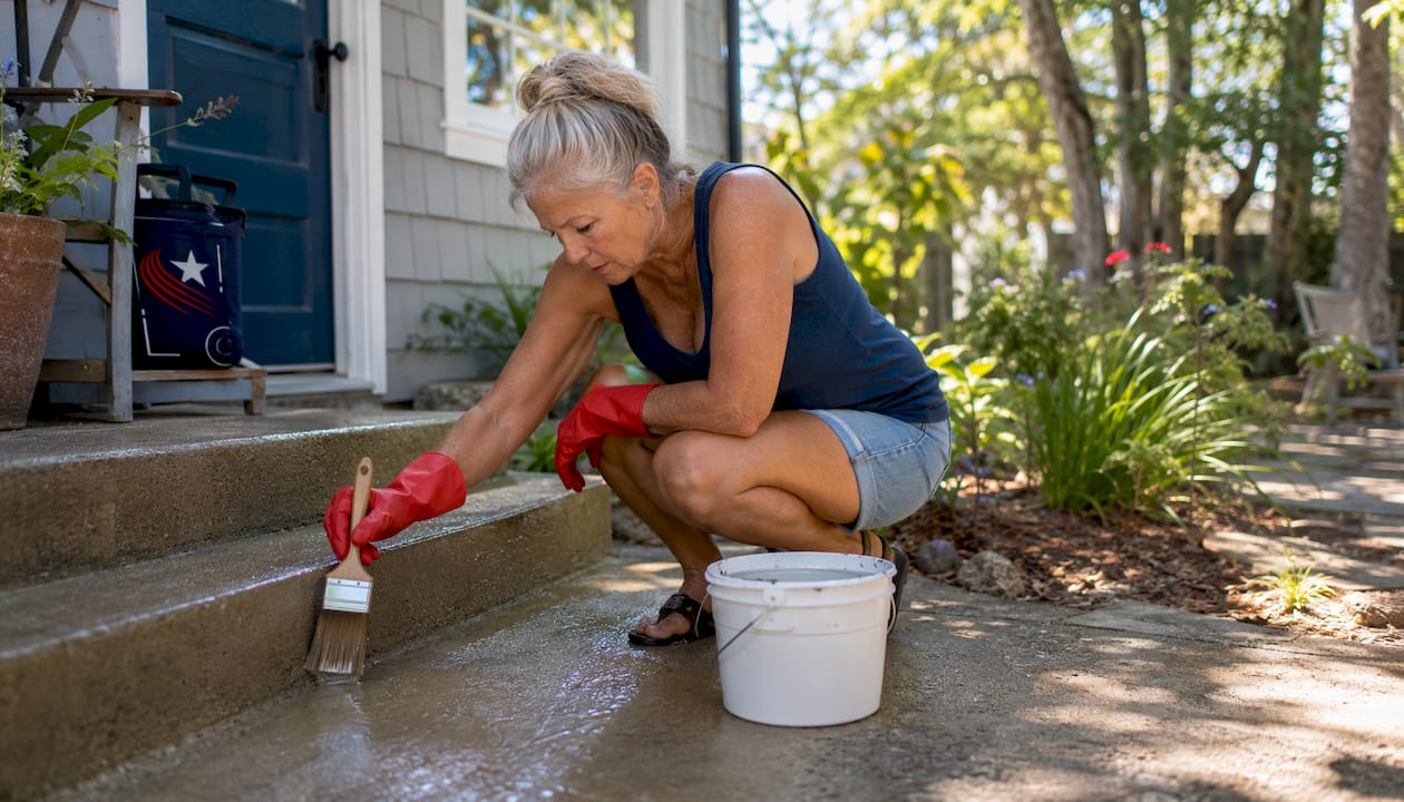 Woman sealing clean exterior concrete steps