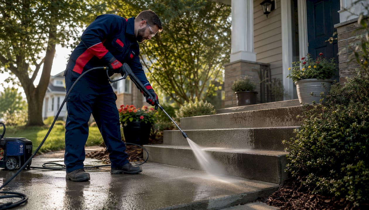 Pressure washer cleaning concrete steps