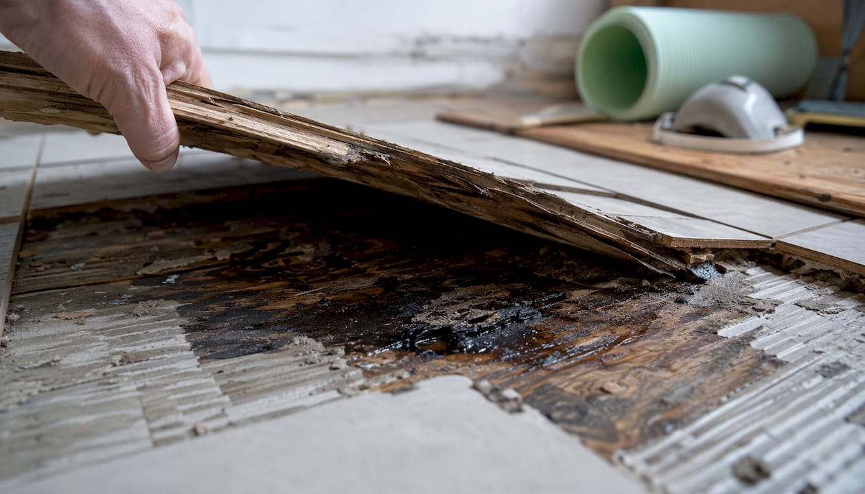 Close-up of water-damaged wood subfloor and tiles