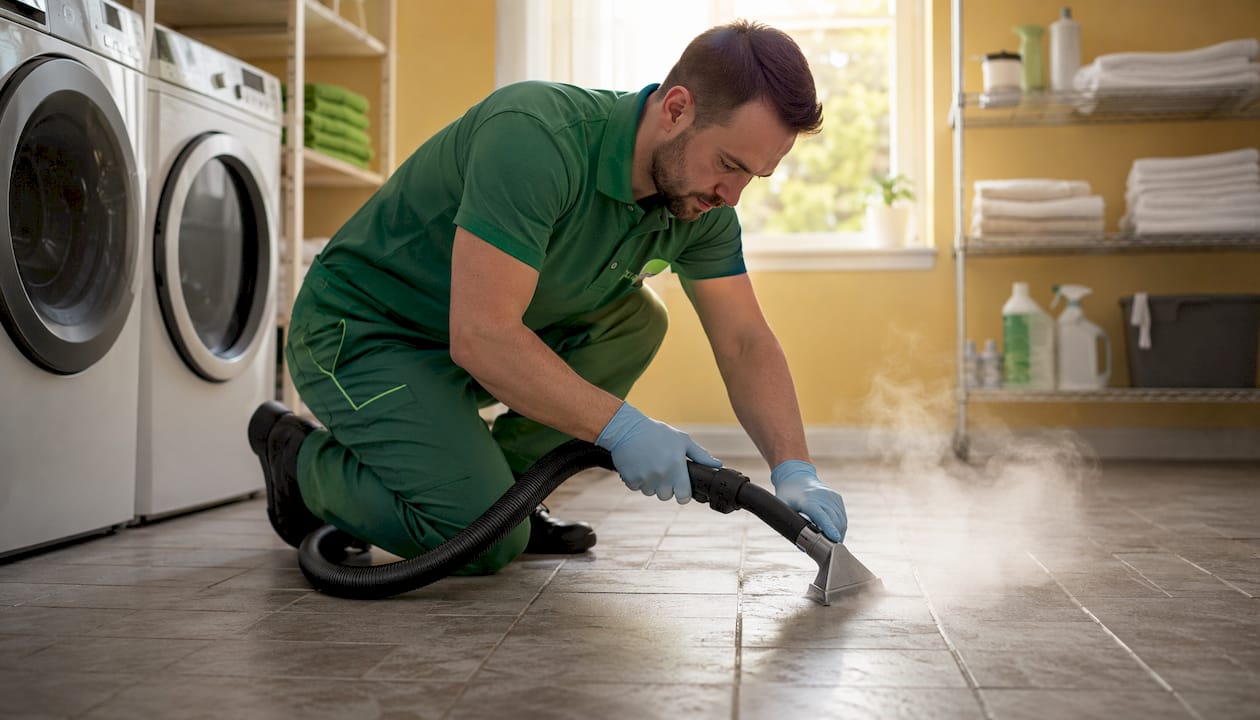 Hands using steam cleaner on grout lines