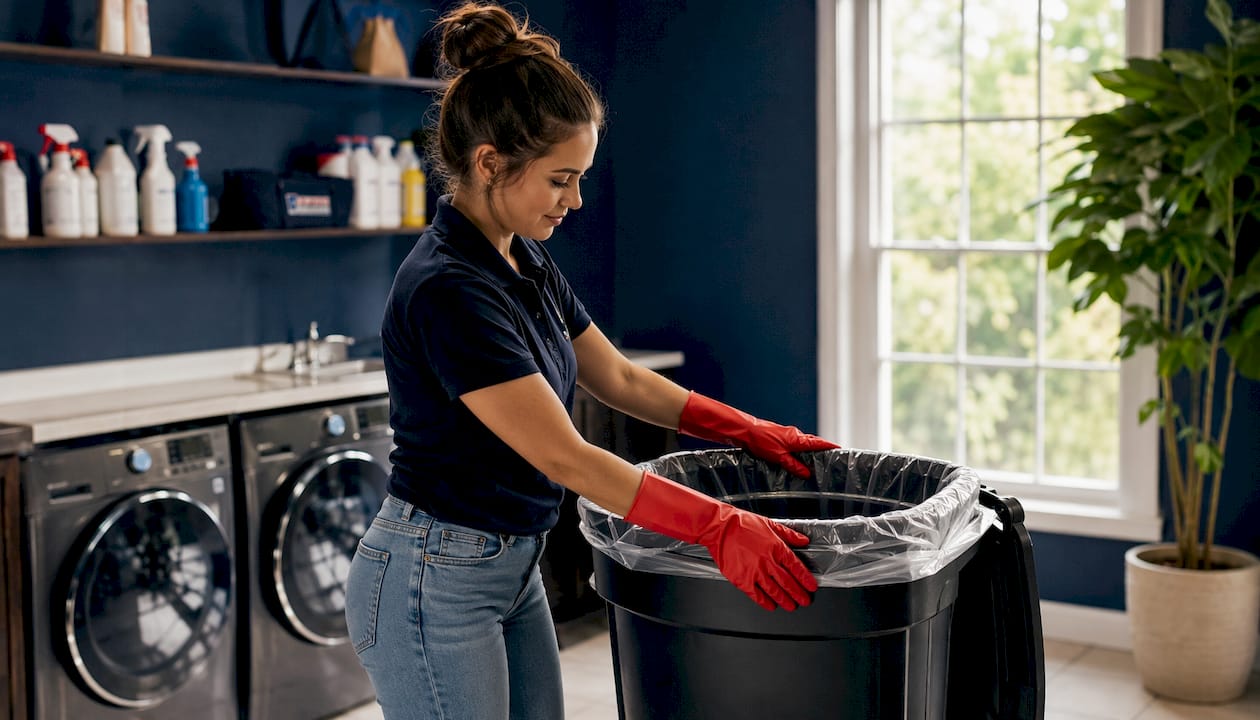 Hands tying trash bag liner in bin
