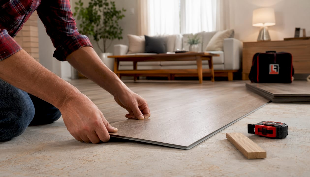 Hands installing click-lock vinyl plank flooring