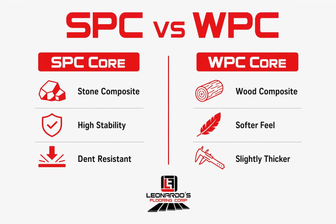 Infographic comparing SPC and WPC vinyl plank cores