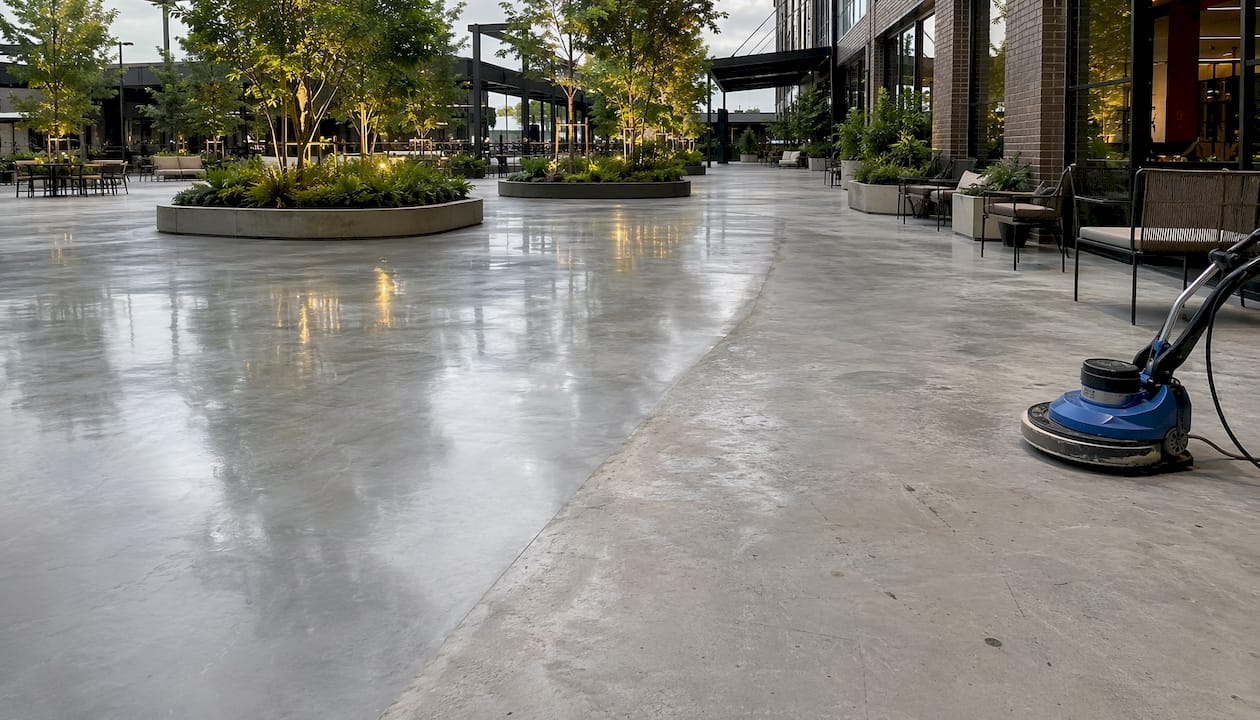 Overhead contrast of polished and unpolished concrete floor