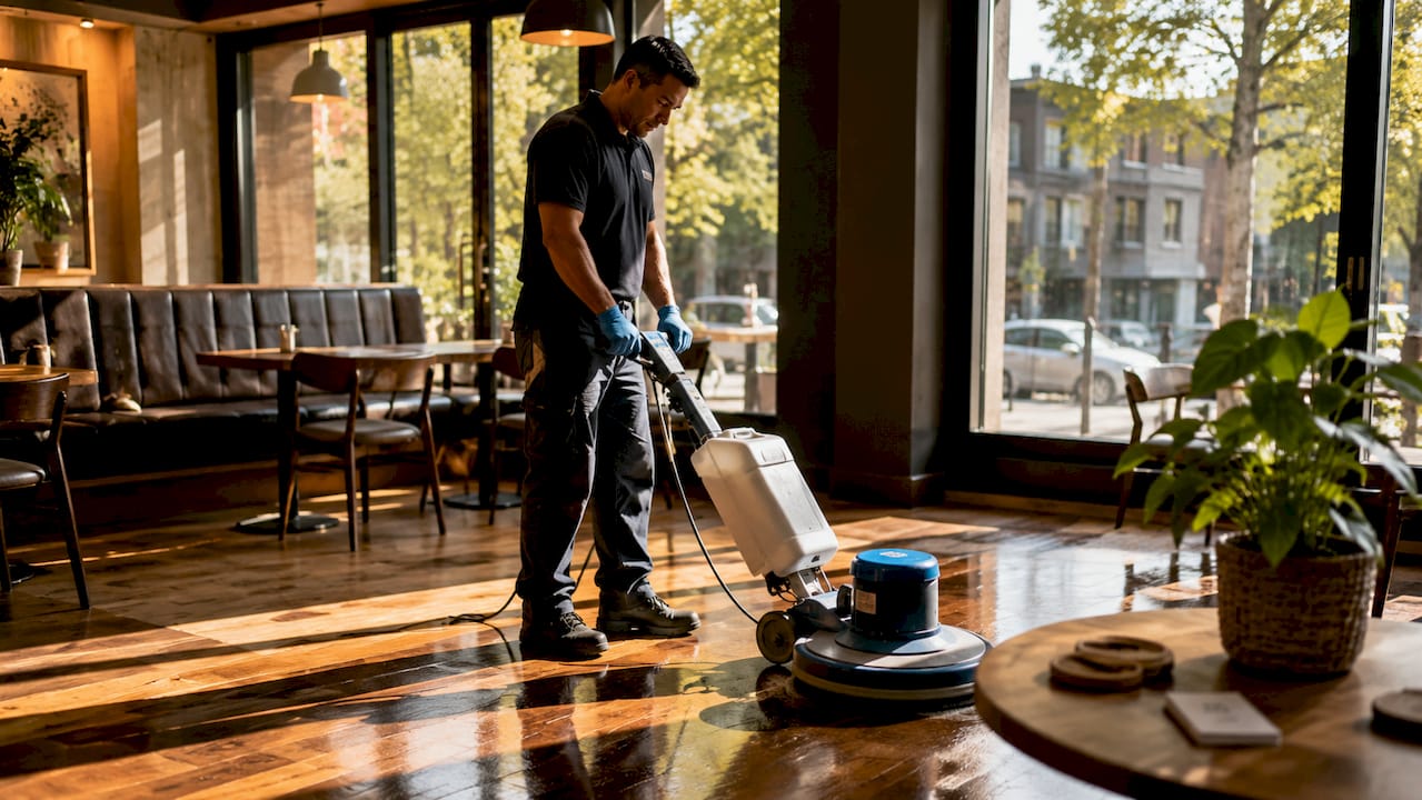 Technician polishing stone floor in hotel lobby