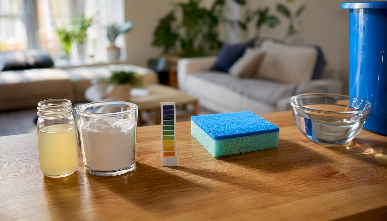 DIY carpet cleaning ingredients and pH test setup