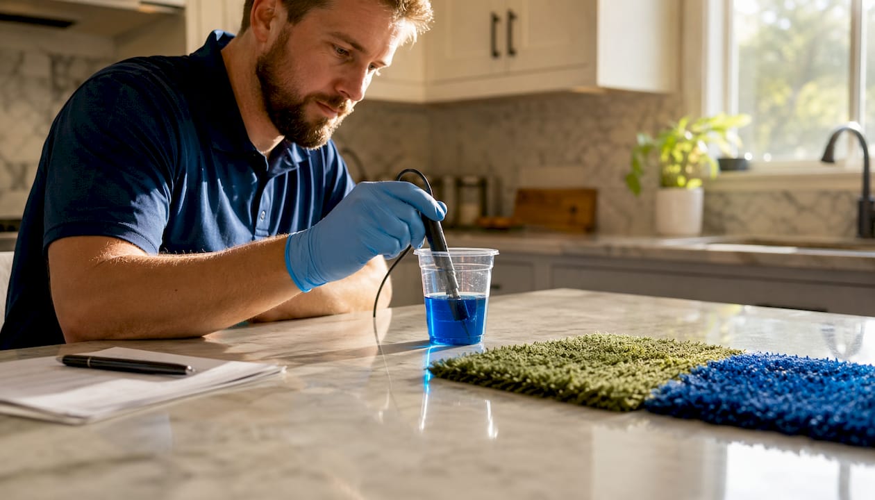 Hands measuring carpet cleaning solution pH in lab