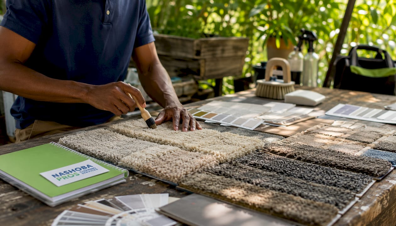 Hands pointing to various carpet fiber samples
