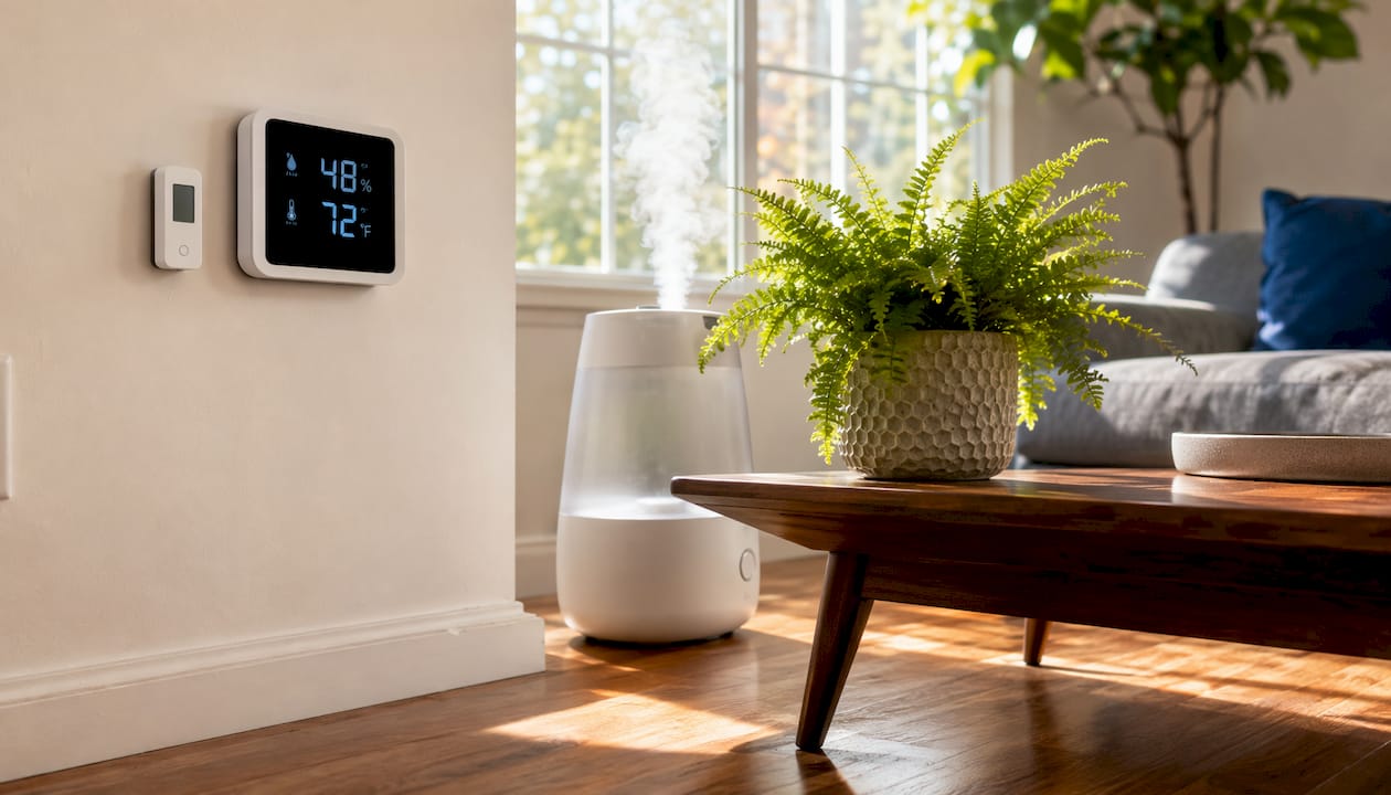 Digital hygrometer and thermostat on wall indoors