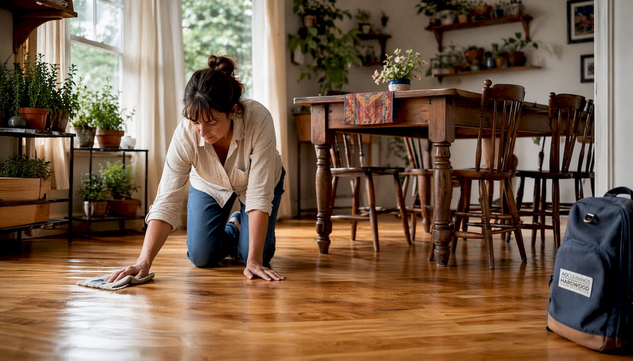 Woman gently buffing refinished hardwood floor