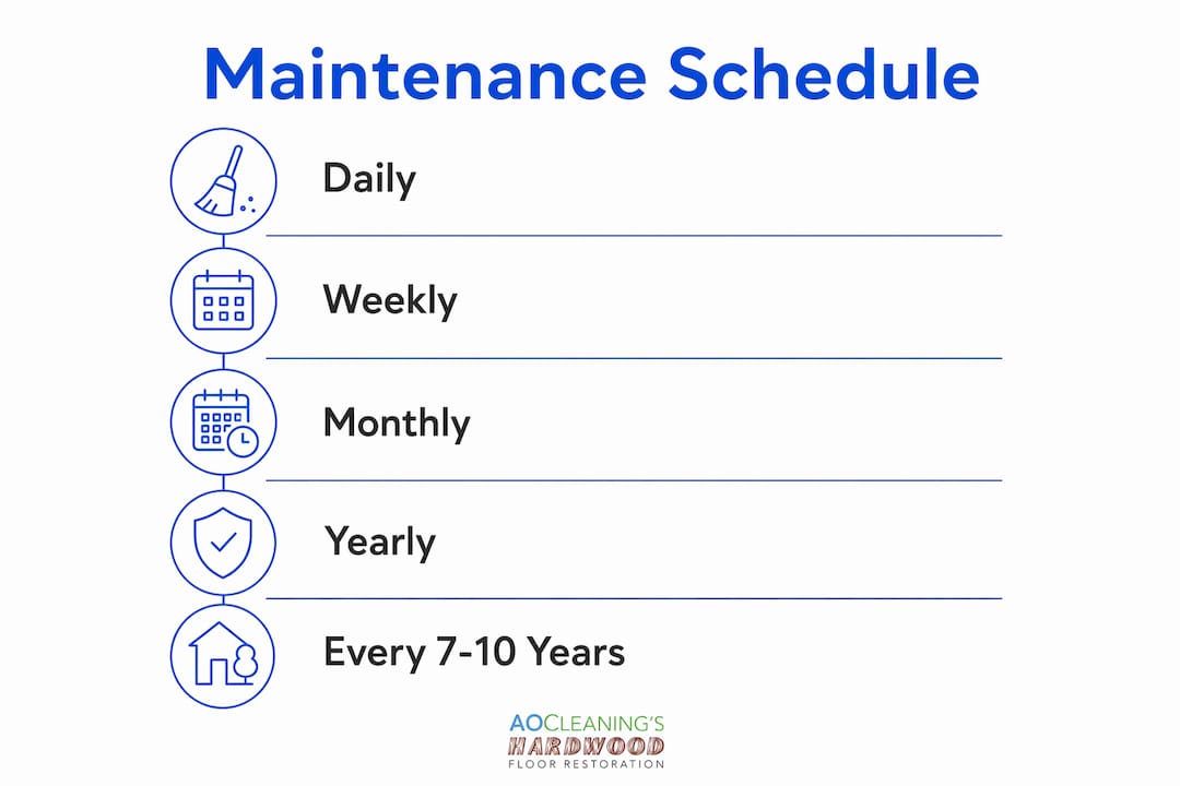 Infographic showing hardwood floor maintenance schedule